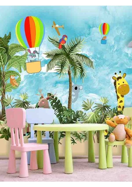Duvar Kağıdı Çocuk Odası Uçan Balon ve Tropik Orman Hayvanları Desenli Tekstil Duvar Kağıdı