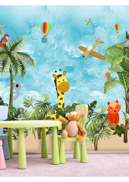Duvar Kağıdı Çocuk Odası Uçan Balon ve Tropik Orman Hayvanları Desenli Tekstil Duvar Kağıdı fiyatları