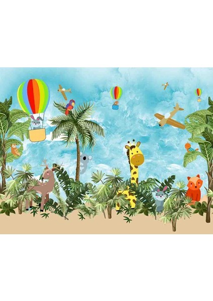 Duvar Kağıdı Çocuk Odası Uçan Balon ve Tropik Orman Hayvanları Desenli Tekstil Duvar Kağıdı modelleri