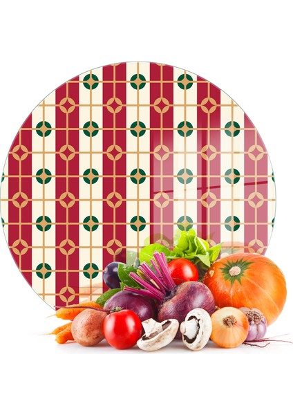 Cam Kesme Tahtası ve Sunumluk Yuvarlak Kırmızı Beyaz Geometrik Desenli 30X30 cm