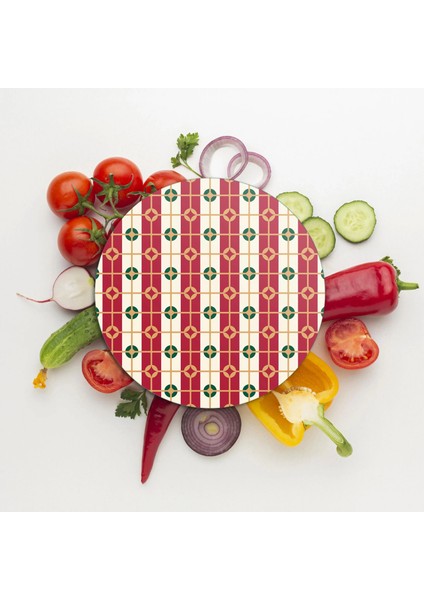 Cam Kesme Tahtası ve Sunumluk Yuvarlak Kırmızı Beyaz Geometrik Desenli 30X30 cm modelleri