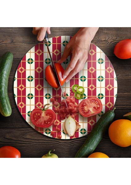 Cam Kesme Tahtası ve Sunumluk Yuvarlak Kırmızı Beyaz Geometrik Desenli 30X30 cm indirimleri