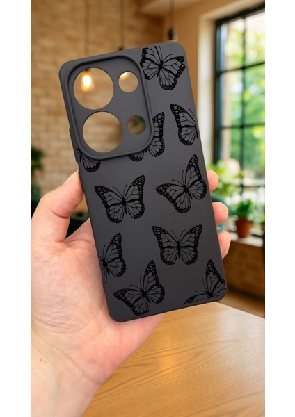 Redmi Note 13 4g Siyah Kelebek Desenli Uyumlu Silikon Darbe Emici Klasik Korumalı Rubber Kılıf