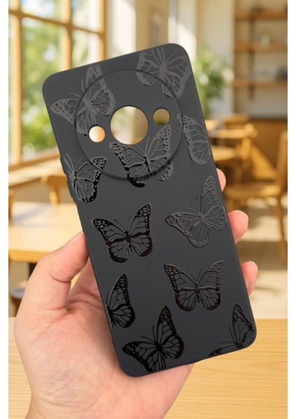 Xiaomi Redmi A3 Uyumlu Siyah Kelebek Desenli Silikon Darbe Emici Klasik Korumalı Rubber Kılıf