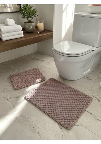 2'li Toz Pembe Banyo Paspas Takımı – Klozet Takımı (Kaymaz Tabanlı), 40X50 & 50X90 cm