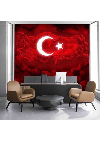 3 Boyutlu Kayalık Türk Bayrağı Desenli Ofisler Yazıhaneler Için Tekstil Duvar Kağıdı