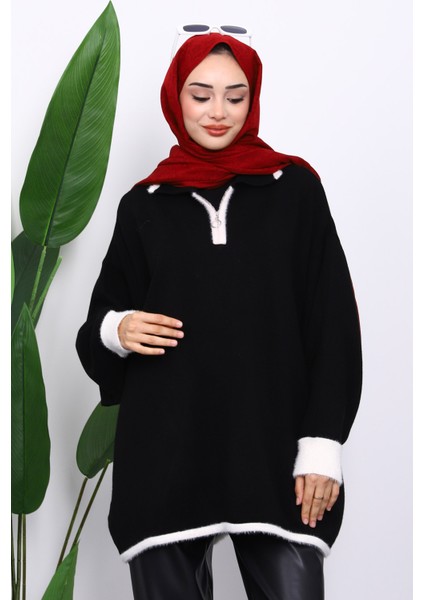 Siyah Gömlek Yaka Fermuarlı Triko Tunik