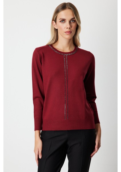 Kadın Taş Işlemeli Triko Kazak 65397 Bordo