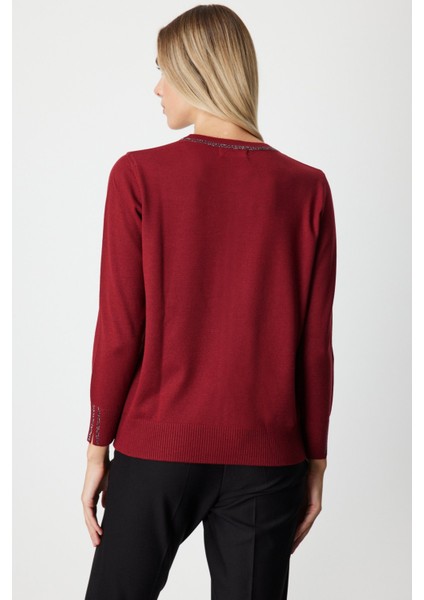 Kadın Taş Işlemeli Triko Kazak 65397 Bordo modelleri