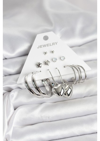 Zarif Kulaklar Için 6çift Silver Pirinç Dizayn Kadın Küpe Seti