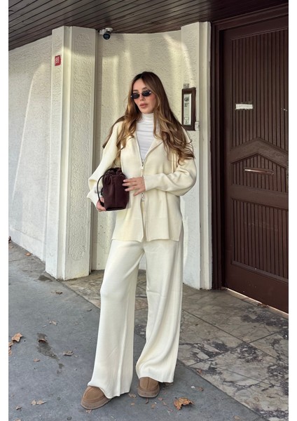 Krem Fermuarlı Kapüşonlu Triko Takım - 0511 fiyatları