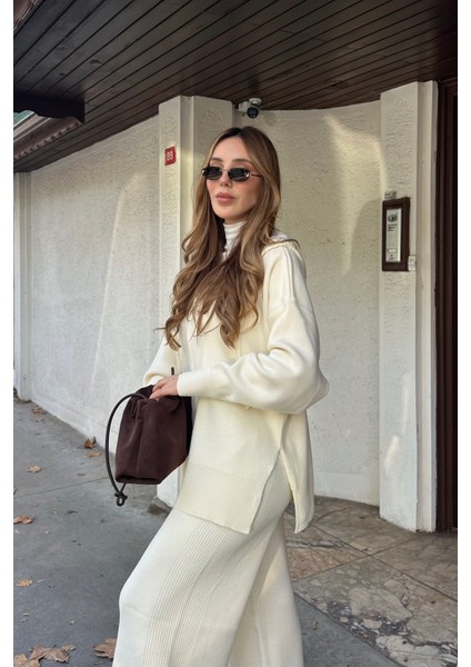 Krem Fermuarlı Kapüşonlu Triko Takım - 0511 modelleri
