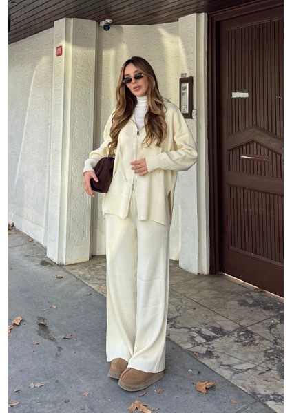 Krem Fermuarlı Kapüşonlu Triko Takım - 0511 fırsatları