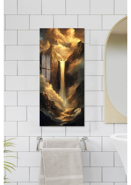 Altın Işıklı Şelale Temalı Temperli Cam Dik Tablo 30X60 cm Ebadında Uv Baskı - DCT023