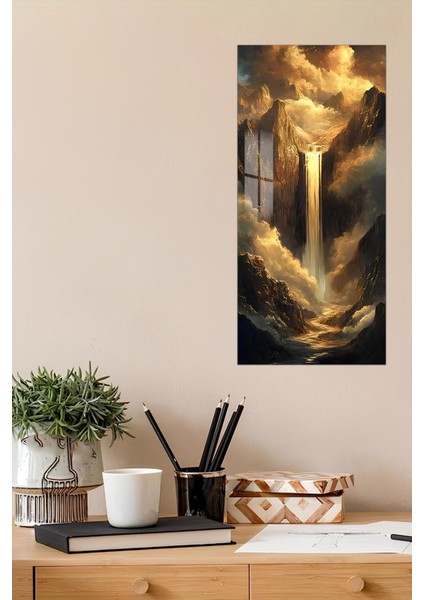 Altın Işıklı Şelale Temalı Temperli Cam Dik Tablo 30X60 cm Ebadında Uv Baskı - DCT023 fiyatları