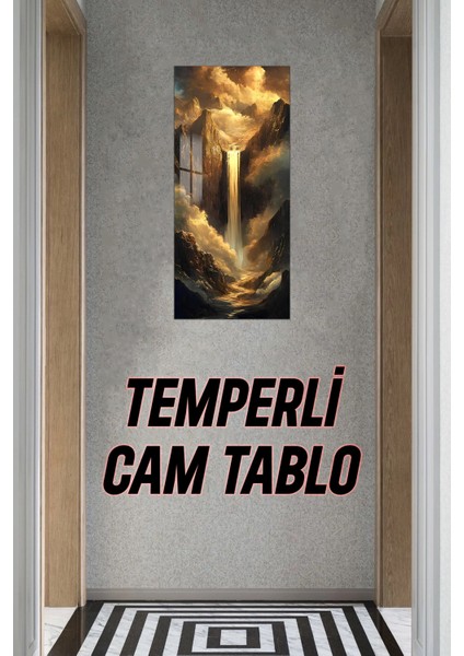 Altın Işıklı Şelale Temalı Temperli Cam Dik Tablo 30X60 cm Ebadında Uv Baskı - DCT023