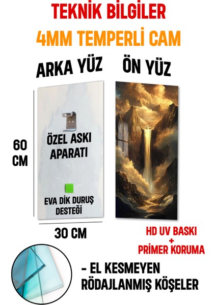 Altın Işıklı Şelale Temalı Temperli Cam Dik Tablo 30X60 cm Ebadında Uv Baskı - DCT023