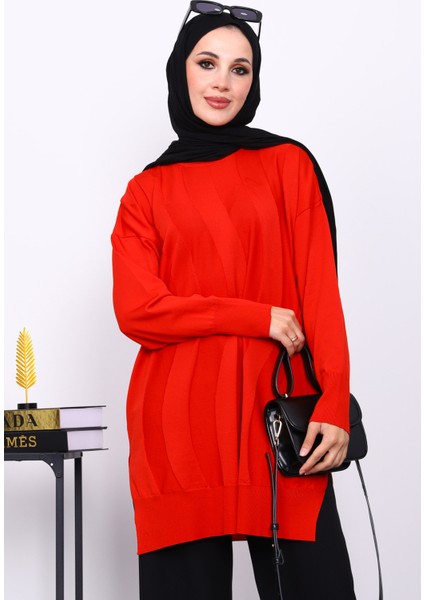 Kırmızı Bisiklet Yaka Soğuk İplik Triko Tunik
