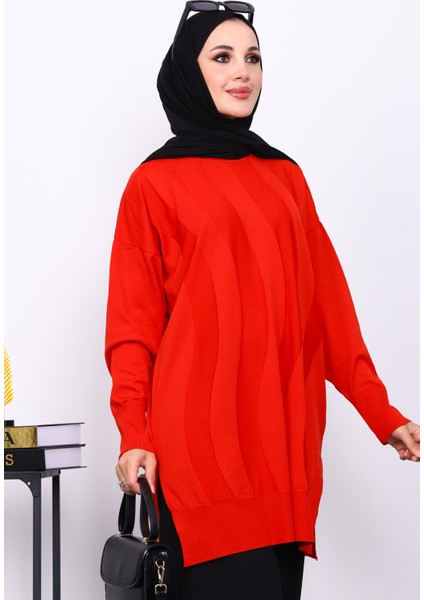 Kırmızı Bisiklet Yaka Soğuk İplik Triko Tunik modelleri