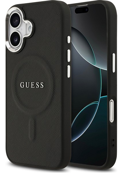 iPhone 17 Uyumlu Kılıf Guess Lisanslı M-Safe Şarj Özellikli Klasik Yazı Logolu Pu Deri Kapak Siyah