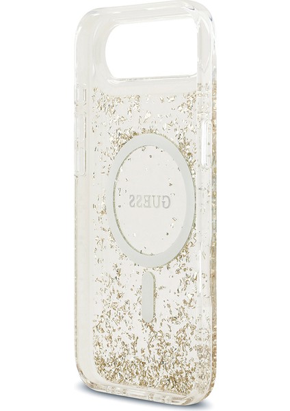 iPhone 17 Air Uyumlu Kılıf Guess Lisanslı M-Safe Şarj Özellikli Transparan Resin Bottom Kapak Gold