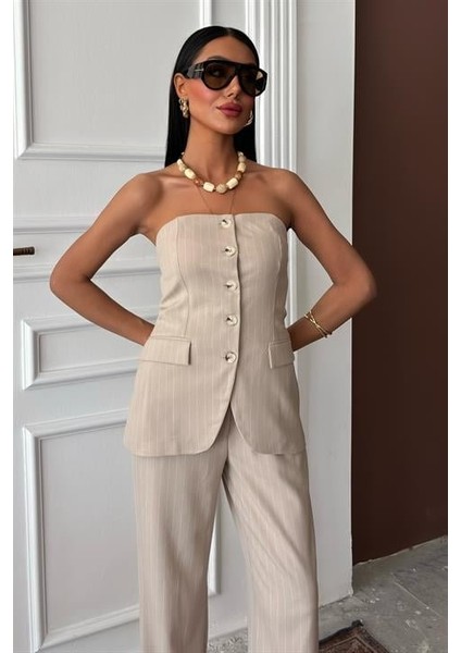 Straplez Büstiyerli Plazzo Pantolonlu Çizgili Takım 10151 modelleri