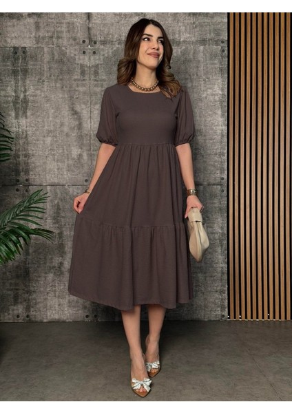 Kadın Kısa Kollu Yakası Açık Katlı Bürümcük Balon Elbise fiyatları