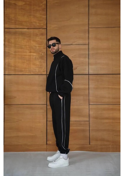 Erkek Premium Parçalı Eşofman Takım - Dik Yaka Fermuarlı Biyeli Sweatshirt Lastik Paça Alt, Oversize 3 Iplik Şardonlu - Siyah modelleri