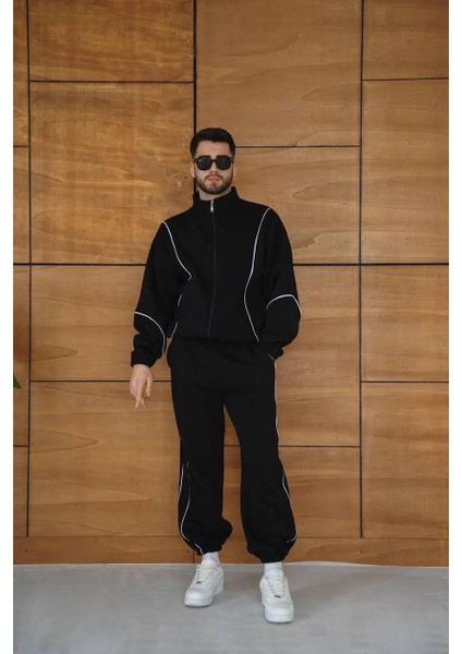 Erkek Premium Parçalı Eşofman Takım - Dik Yaka Fermuarlı Biyeli Sweatshirt Lastik Paça Alt, Oversize 3 Iplik Şardonlu - Siyah