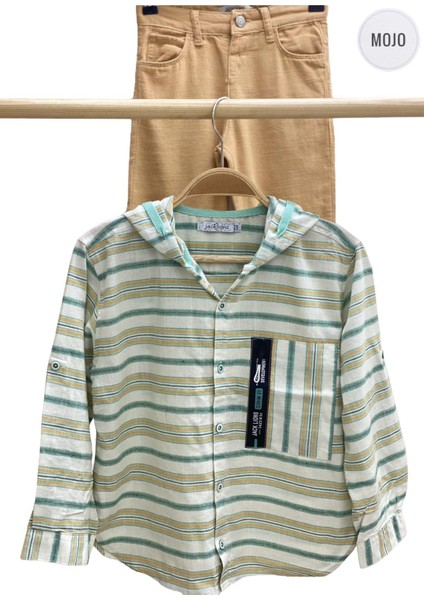 Mojo Erkek Çocuk Katlamalı Kol Kapüşonlu Keten Gömlek 23118 Mint
