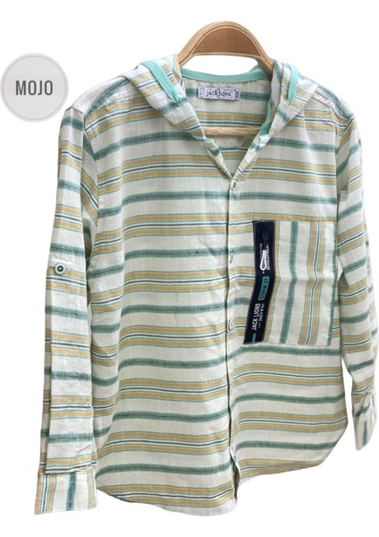 Mojo Erkek Çocuk Katlamalı Kol Kapüşonlu Keten Gömlek 23118 Mint