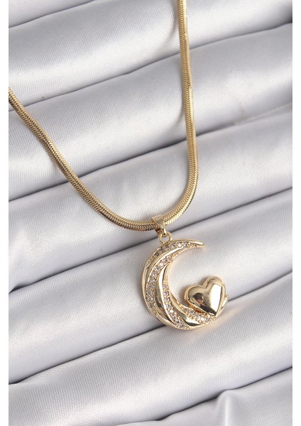 316L Çelik Gold Renk Çelik Italyan Zincir Zirkon Taşlı Halil Figür Kalp Detay Kadın Kolye - TJ-BKO9591