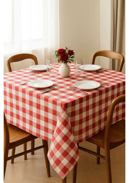 Fiber Kareli Masa Örtüsü Sofra Bezi Ekose Desen 160X160 cm Kırmızı