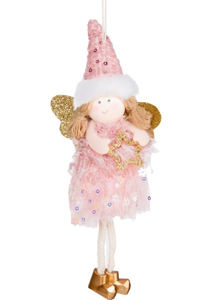 Yılbaşı Süsü, Peri Figürü, Gold-Pembe - Asmalı, Sarkan Ayaklı, Payetl