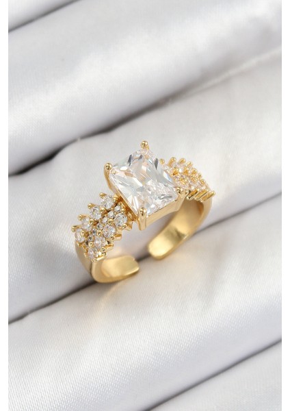 Pirinç Büyük Zirkon Taşlı Model Gold Renk Kadın Yüzük - TJ-BYK3800