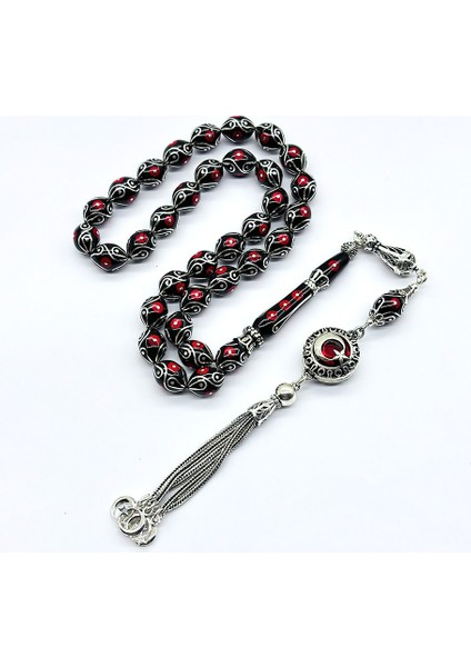 Özel Motif Gümüş Işlemeli Orijinal Oltu Taşı Tesbih