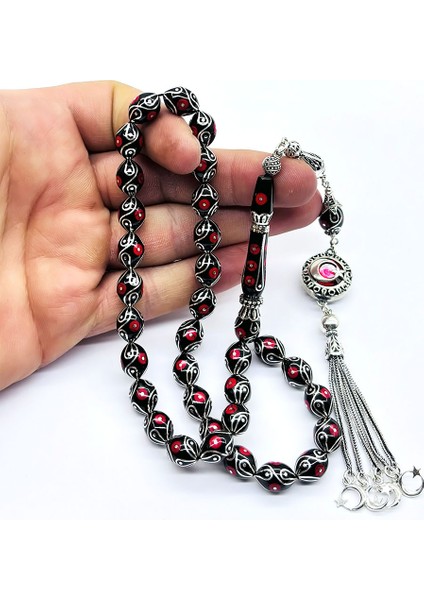 Özel Motif Gümüş Işlemeli Orijinal Oltu Taşı Tesbih fiyatları