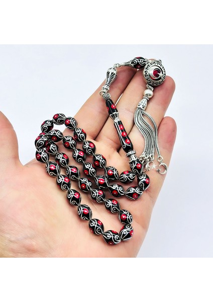 Özel Motif Gümüş Işlemeli Orijinal Oltu Taşı Tesbih modelleri