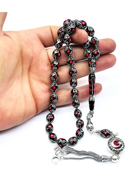 Özel Motif Gümüş Işlemeli Orijinal Oltu Taşı Tesbih fırsatları