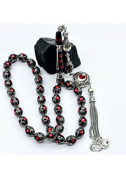 Özel Motif Gümüş Işlemeli Orijinal Oltu Taşı Tesbih indirimleri