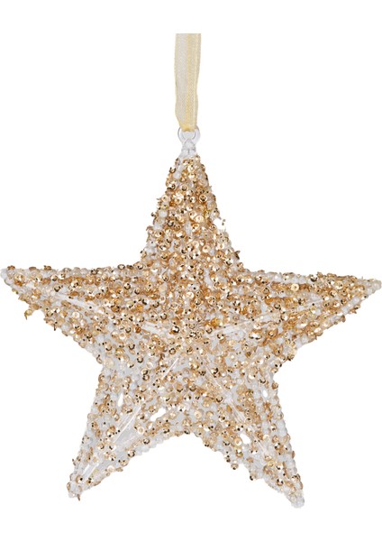 Yılbaşı Süsü, Yıldız, Gold-Beyaz - Asmalı, Akrilik Cam, Payetli, Bonc