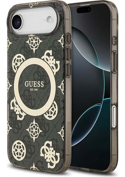 iPhone 17 Air Uyumlu Kılıf Guess Lisanslı M-Safeli Iml Peony ve 4g Desenli Klasik Logolu Kapak Siyah