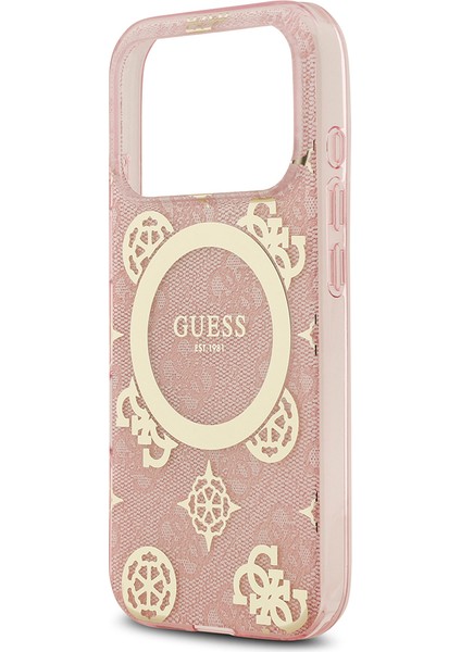 iPhone 17 Pro Max Uyumlu Kılıf Guess Lisanslı M-Safeli Iml Peony ve 4g Desenli Klasik Logolu Pembe