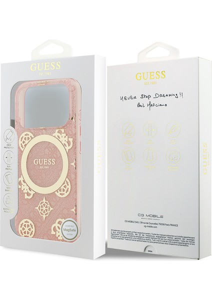 iPhone 17 Pro Max Uyumlu Kılıf Guess Lisanslı M-Safeli Iml Peony ve 4g Desenli Klasik Logolu Pembe