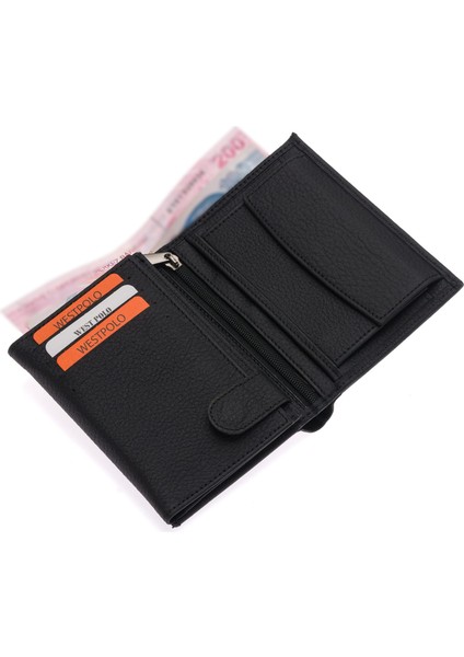 Hakiki Deri Kağıt Para ve Bozuk Para Bölmeli Fermuarlı Unisex Cüzdan - Siyah indirimleri