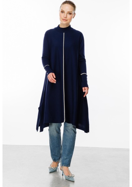 Önü Simli Şerit Detaylı Triko Elbise-Lacı