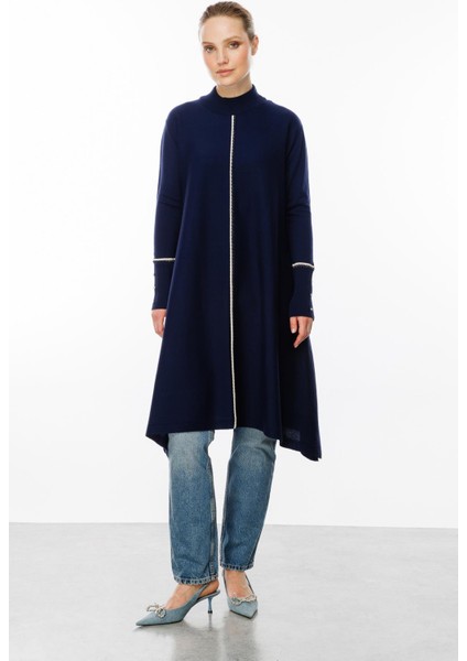 Önü Simli Şerit Detaylı Triko Elbise-Lacı modelleri