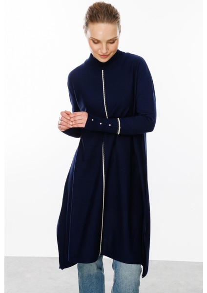 Önü Simli Şerit Detaylı Triko Elbise-Lacı indirimleri