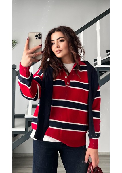Kırmızı-Lacivert Polo Yaka Çizgili Triko Kazak