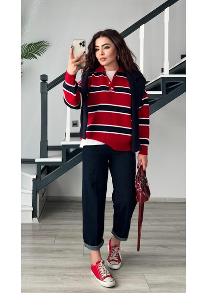 Kırmızı-Lacivert Polo Yaka Çizgili Triko Kazak fiyatları